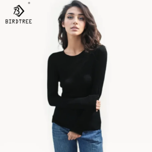 Birdtree, 100%Merino Wool, Pullovers For Women, Round Neck, Fashion Bottom Sweaters, 2024 Autumn Winter Tops, Black T49510QM