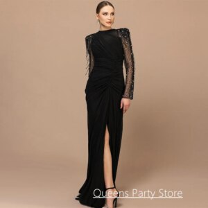 Hot Black Evening Dress Customized Jewel Neck Long Sleeves Beading Crystal High Split Mermaid Prom Gown Dancing Party Dresses