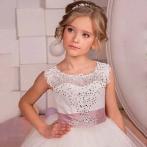 White Flower Girl Dresses Diamond Lace Appliques With Pink Bow Sleeveless For Wedding Birthday Party Banquet Gowns Customized