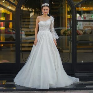 Elegant One Shoulder Tulle Appliques Lace Wedding Dress for Women Backless A-line Court Wedding Bridal Gown vestidos de novia
