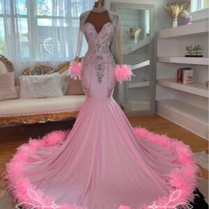 Blush Pink Illsuion Long Sleeve Prom Dress customsized Black Girl Ostrich Feathered Crystal Beaded Mermaid Evening Party Gown