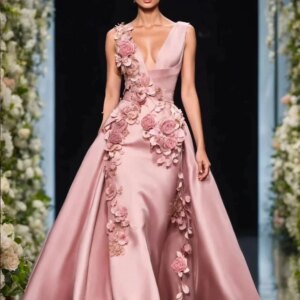 Elegant Pink 3D Flowers Evening Dresses Chic V-Neck Sleeveless Appliques Straight Prom Gowns Sweep Train Women Party Dresses