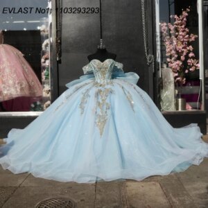 EVLAST Customized Shiny Sky Blue Quinceanera Dress Ball Gown Silver Lace Applique Beading Bow Sweet 16 Vestido De 15 Anos E1Q350