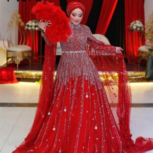 Abendkleider Muslim Burgundy Prom Dresses Red A Line Plus Size Wedding Guest Gown Customized Luxury Beaded Sequins Dress