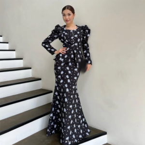 Customized Black A-Line Tight Fitting Prom Dresses Ankle -Length Full Sleeve V-Neck Evening Dresses Simple Fashion White Print