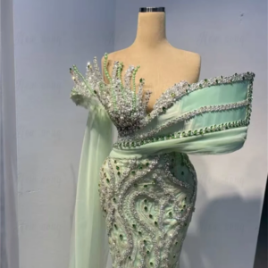 Mint Green Off Shoulder Evening Dress Gorgeous Ruffles Side Overskirt Vestido De Noiva Sparkly Formal Prom Gowns Customized