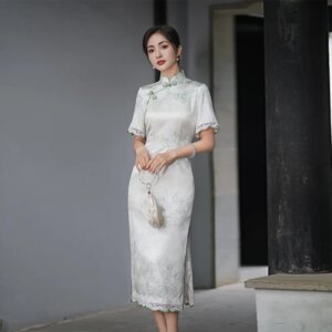 High Quality High-End Ruffle Sleeve Real Silk Dress Suzhou White Cheongsam Women’s Summer Young Long 2024 Slightly Fat
