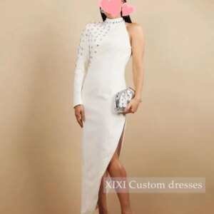 XIXI Customized Evening Dresses A-Line One-Shoulder Luxury Dresses Prom Dresses Long Sleeves Floor-Length Lining Zipper Up