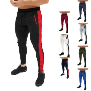 Slim fit sports splicing drawstring open pocket design men’s fitness pants