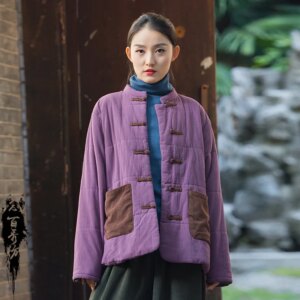 Winter Cotton and Linen Women’s New Chinese Improved Cotton-Padded Jacket Padded Thickened Stone Washed Zen Style Quilted Coat