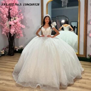 EVLAST Customized Glitter White Quinceanera Dress Ball Gown Lace Applique Crystal Beaded Sweet 16 Vestidos De 15 Anos E3Q639
