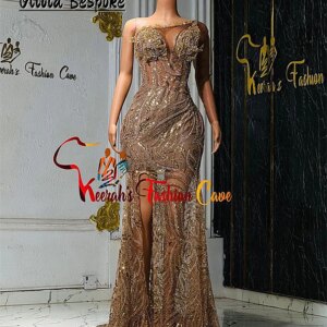 Smashing Gold Aso Ebi Split Prom Dresses 2025 Luxury One Shoulder Long Sleeves Beaded Crystals Evening Dress African Customized