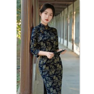 Elastic Magnolia Cotton Long 3/4 Sleeves Cheongsam Qi Pao Autumn New Retro National Style Middle-Aged and Elderly Women Dress