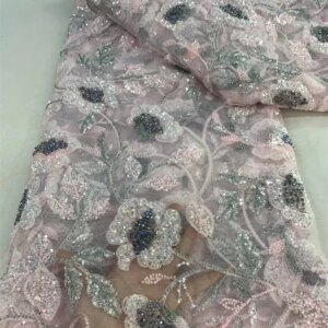 Pink最新 African Sequins Lace Fabric 2024 High Quality French Sequin Beaded Tulle Lace Fabric for Sewing Party Dresses Q159-1