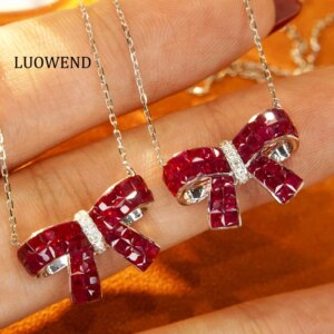 LUOWEND 18K White Gold Necklace Fashion Butterfly Design Shiny Diamond Natural Ruby Pendant Necklace for Women Party Jewelry