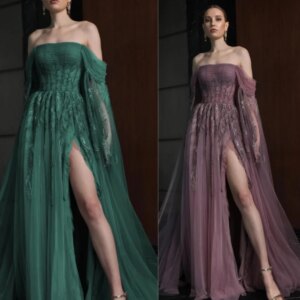 Customized Tulle Sequined Engagement A-line Off-the-shoulder Bespoke Occasion Gown Long Dresses