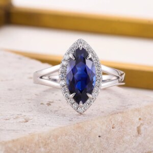 Provence 18K/14K/10K Solid Gold Marquise Cut Lab Grown Royal Blue With Round Moissanite Engagement Ring For Woman Romantic Party