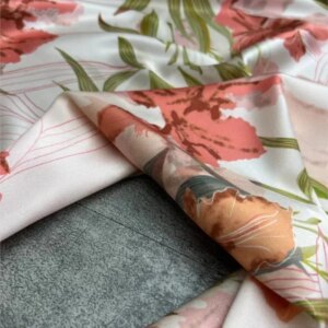 Pink iris printed twill stretch silk fabric elegant dress