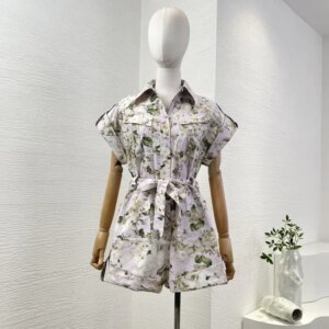 Beach style purple elegant linen high quality floral print short sleeve self bow tie at waist women holiday playsuits