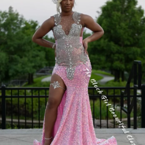 Luxury Pink Prom Dresses 2024 Sheer O Neck High Slit Party Dresses Black Girls Glitter Rhinestone Beaded Sequins Ruffle Cocktail