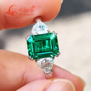 7*9mm emerald green color 925 silver ring with trillion moissanite for Wedding Engagement Party Gifts