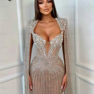 2024 Dubai Design Champagne Evening Dress Cape Sleeve Heavy Bead Sequined Customized Prom Dress Arabic Mermaid Celebrity Dresses