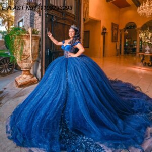EVLAST Customized Sparkly Navy Blue Quinceanera Dress Ball Gown Lace Applique Beading Corset Sweet 16 Vestido De 15 Anos E1Q405