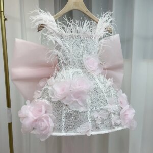 Mom and Daughter Pink Flower Bow Tail Princess Dress Flower Children’s Wear Birthday Ball Awards Fairy Feather Short Adult Dress