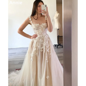 Annie Tulle 3D Flowers Prom Dresses Princess Asaka Evening Dresses Spaghetti Strap A-line Wedding Party Dress Customized