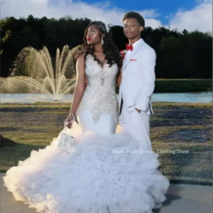 White Gorgeous Lace Mermaid Wedding Dress Custom For Women Sparkling Diamante Beaded African Wedding Evening vestido de noche