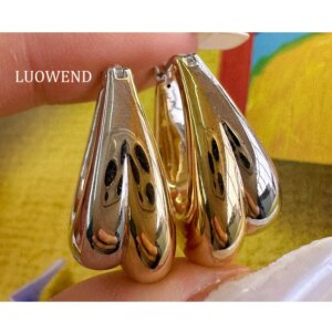 LUOWEND 100% 18K White+Yellow Gold Earrings Fashion INS Style Exquisite Hoop Earrings for Women High Party Jewelry