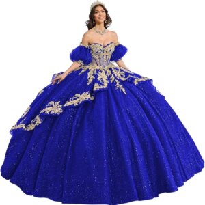 Glitter Tulle Quinceanera Dresses with Bow Tiered Ball Gowns Off Shoulder Gold Lace Appliques Sweet 16 Prom Custom Made Vestidos