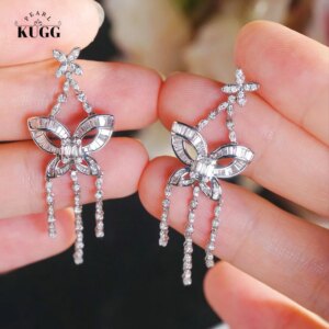KUGG 100% 18K White Gold Earrings Luxury Butterfly Shape 1.40carat Real Natural Diamond Drop Earrings Women High Party Jewelry