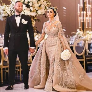 Modest High Collar Long Sleeve Mermaid Wedding Dresses With Detachable Train Lace Applique Wedding Gowns Crystal Robe De Mariée
