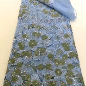 Luxury French Mesh Embroidery Beaded Lace Fabric Sky Blue African Nigerian Sequins Lace Fabric for Sewing Wedding Dress Q397-1