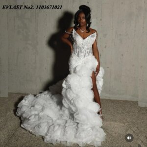 EVLAST Customized Sparkly White Floral Mermaid Prom Dress High Slit Crystal Beaded Black Girls Birthday Gala Party Gown E2P409