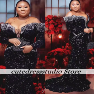 African Elegant Black Prom Dresses 2025 Nigerian Luxury Wedding Guest Party Dress Shinning Sequins Evening Dresses Customized