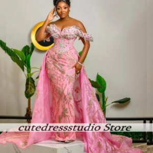 Exquisite Pink Evening Dresses With Court Train Luxury Crystals Baeded Long Mermaid Wedding Party Dress African Women Customized