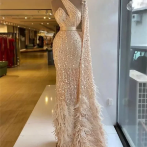 Shiny Champagne Evening Dress For Women One Shoulder Long Sleeve Feather Beading Prom Dress Luxury Party Gown vestidos de noch
