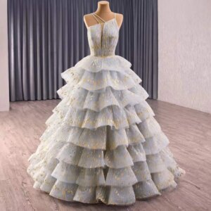 Women’s Evening Dresses Spaghetti Straps Tiered Sequined Lace Up Back Light Blue Dress For Special Occasions
