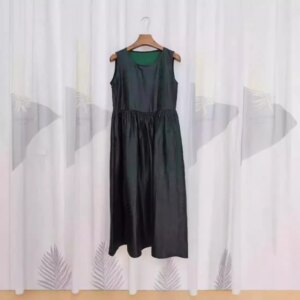 High Quality Non-Heritage Fragrant Cloud Yarn Green Real Silk Dress Women’s Summer round Neck Pocket All Match