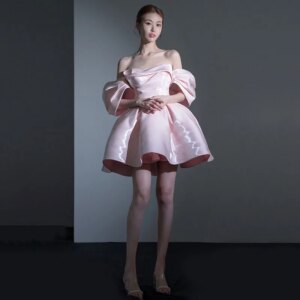 Pink one-shoulder evening dress banquet birthday party princess dress graduation party dress  party dresses women evening