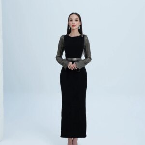 Customized Delicate Black Jersey Evening Dress Modern Sashes Ruched Girdling Crew Neck Long Sleeves Bespoke Occasion G
