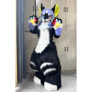 Black Long Fur Husky Dog Fox Mascot Costume Fursuit Halloween Suit Cosplay