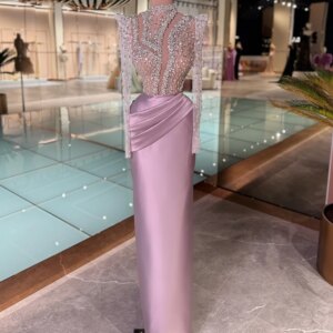 Shiny Crystal Sheath Satin Long Evening Dress For Women Illusion High Collar Wedding Party Gown Customized Dreamy Prom Dresses