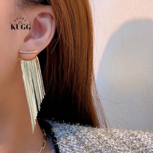 KUGG 100% 18K Yellow Gold Earrings Luxury Snake Bone Chain Design Tassels Drop Earrings for Women High Party Jewelry