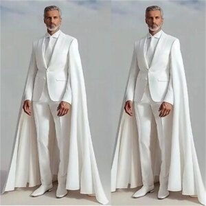 White Men Suit Set 2 Pcs Wrap Blazer+Pant Trousers Formal Office Jacket Groom Prom Wedding Tuxedos Customized Cotton Coat