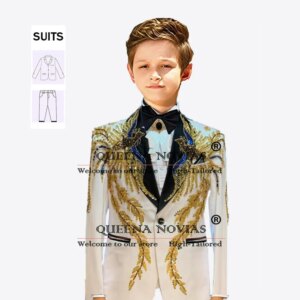 Exclusive Boy’s Suits Crystals Beaded Blazer Customized 2-Piece Black Lapel Blazer Pants Children Birthday Kids Wedding Tuxedo