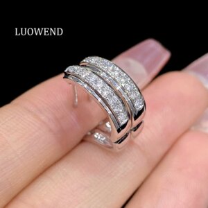 LUOWEND 100% 18K White Gold Earrings Fashion INS Style 0.24carat Real Natural Diamond Hoop Earrings for Women Birthday Gift
