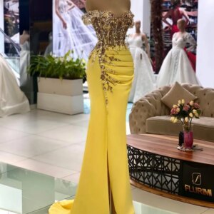 Luxury Evening Dress Yellow Sweethear Neck Sleeveless Beading Appliques Party Dress Mermaid Satin Floor-Length Cocktial Gown